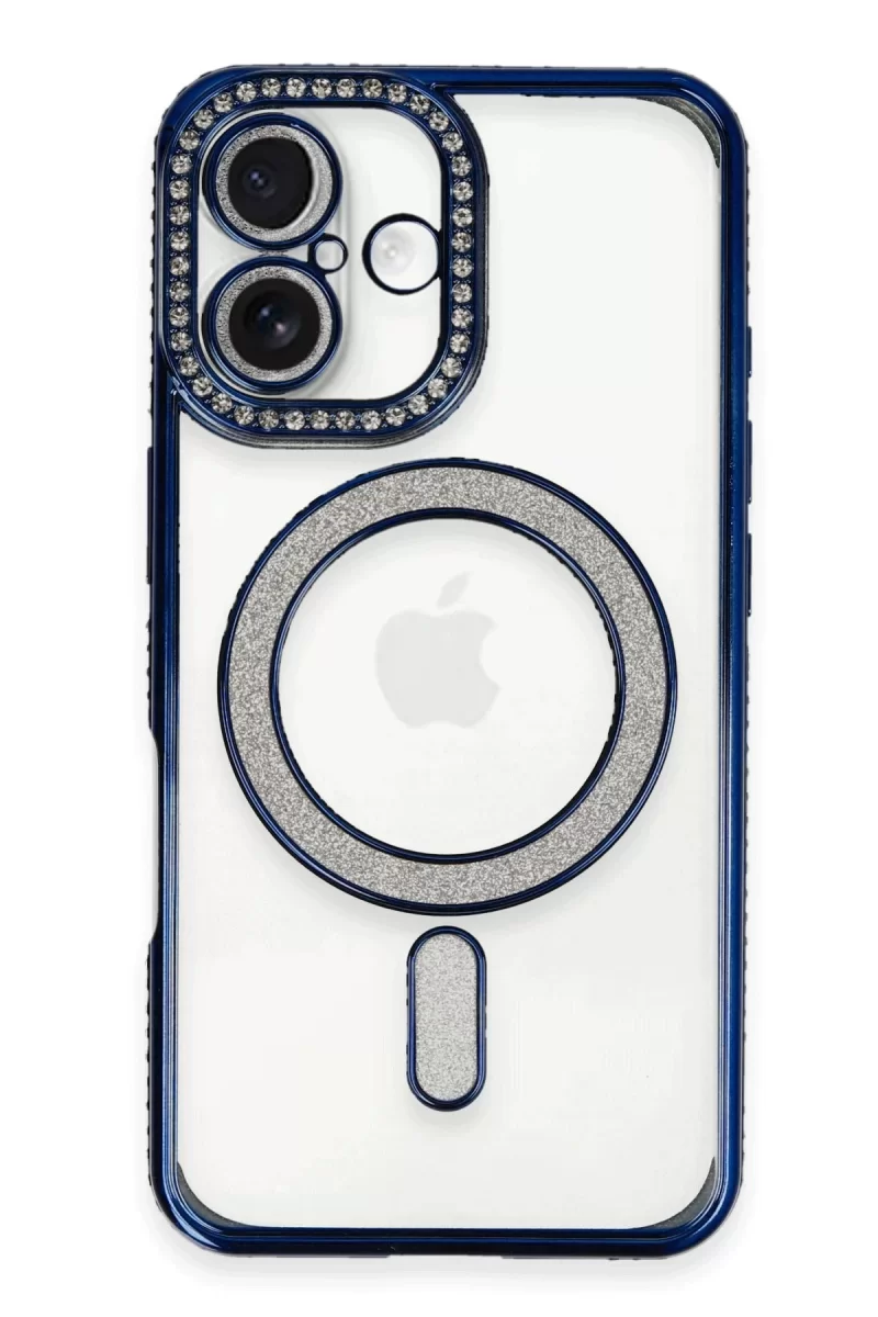 Newface Apple iPhone 16 Plus Kılıf Joke Simli Magneticsafe Kılıf - Lacivert