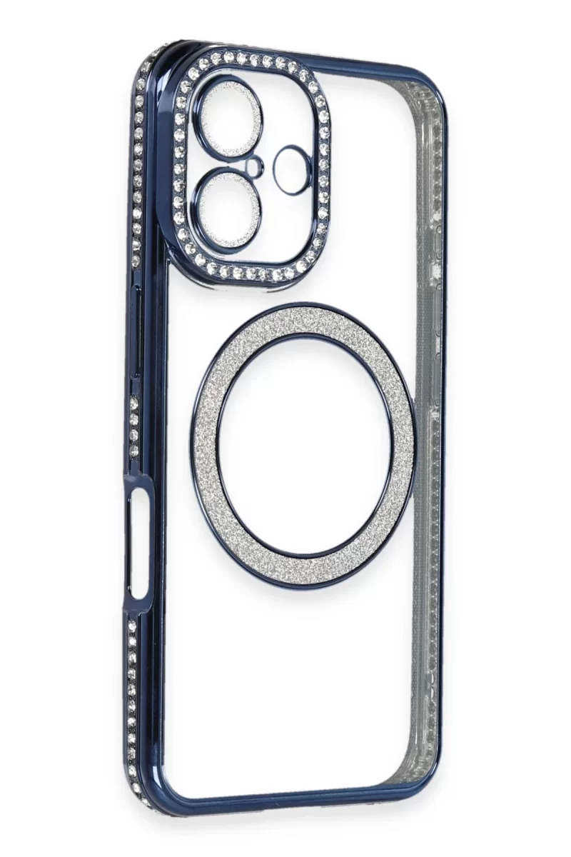 Newface Apple iPhone 16 Plus Kılıf Joke Simli Magneticsafe Kılıf - Lacivert
