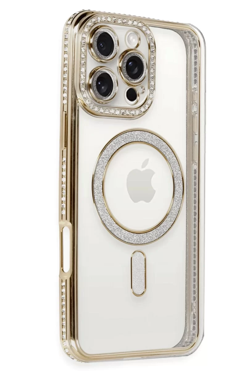 Newface Apple iPhone 16 Pro Kılıf Joke Simli Magneticsafe Kılıf - Gold