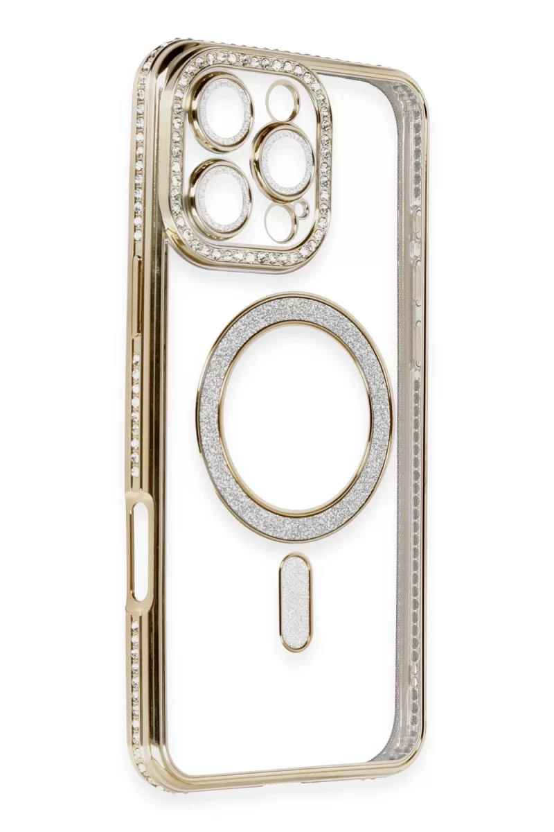Newface Apple iPhone 16 Pro Kılıf Joke Simli Magneticsafe Kılıf - Gold