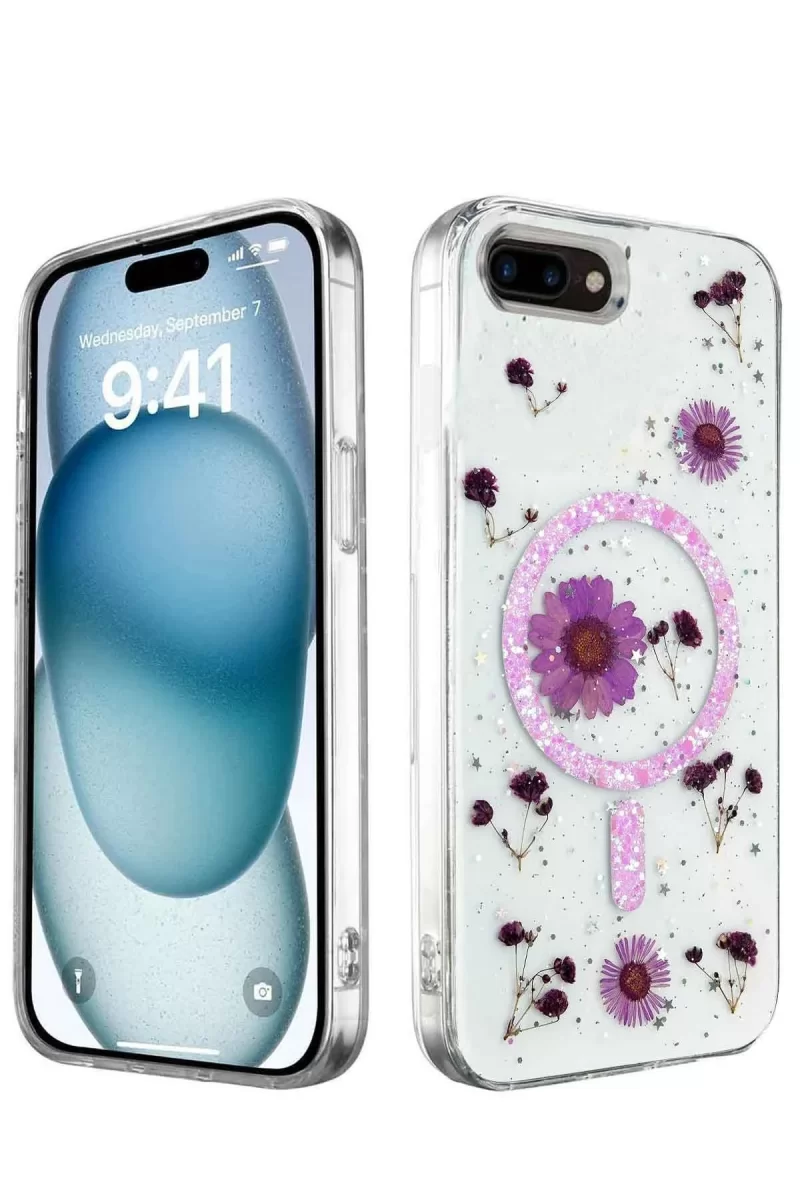 Newface Apple iPhone 7 Plus Kılıf Daisy Simli Magsafe Kapak - Mor