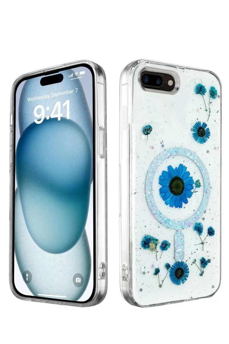 Newface Apple iPhone 7 Plus Kılıf Daisy Simli Magsafe Kapak - Mavi