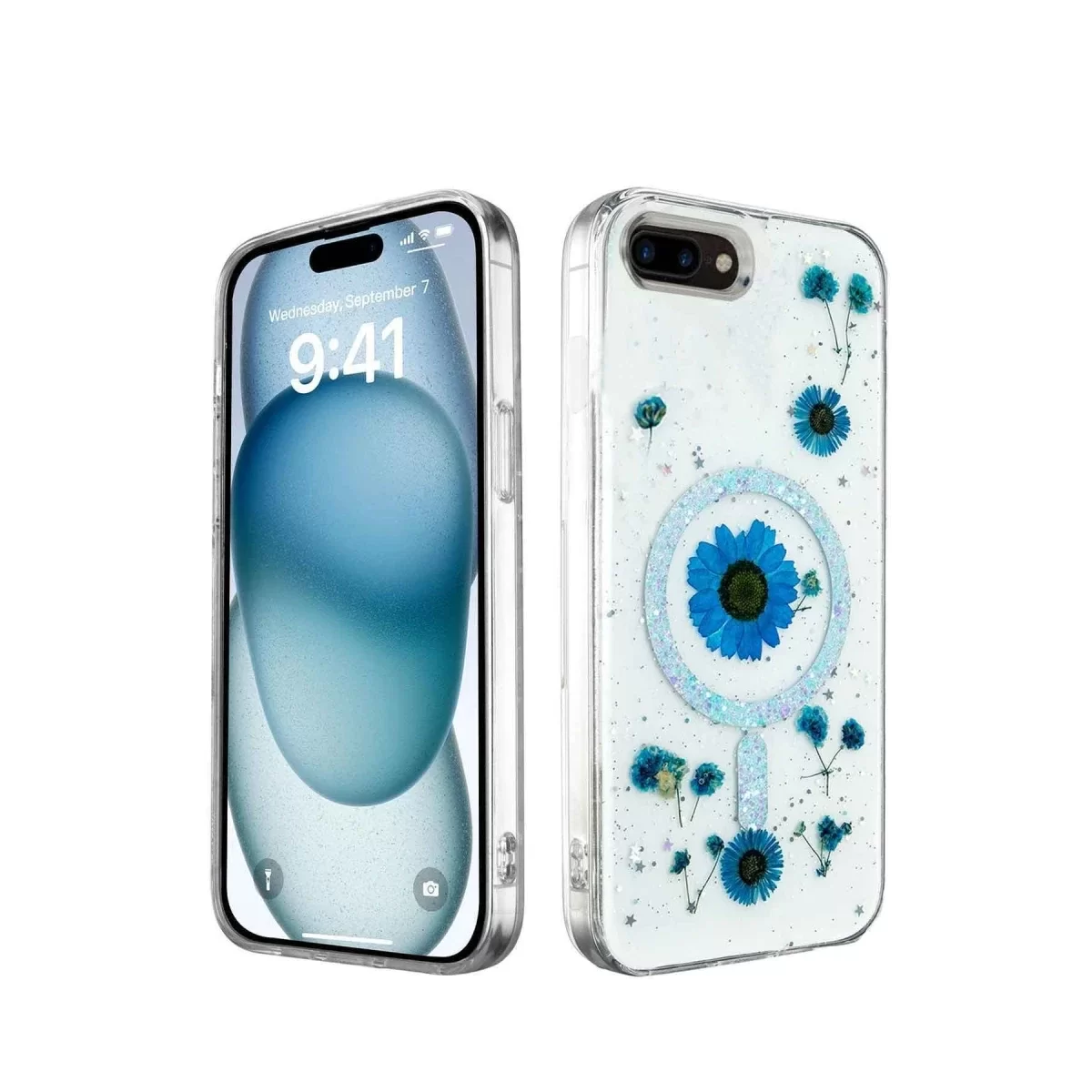Newface Apple iPhone 7 Plus Kılıf Daisy Simli Magsafe Kapak - Mavi