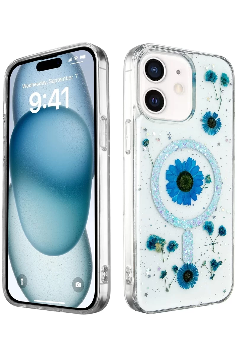 Newface Apple iPhone 12 Kılıf Daisy Simli Magsafe Kapak - Mavi