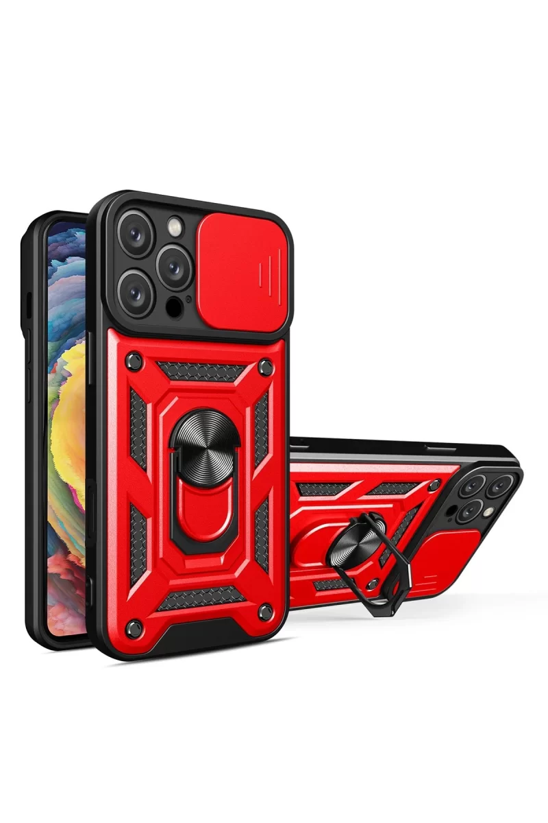 Newface Apple iPhone 16 Pro Kılıf Pars Lens Yüzüklü Silikon - Kırmızı