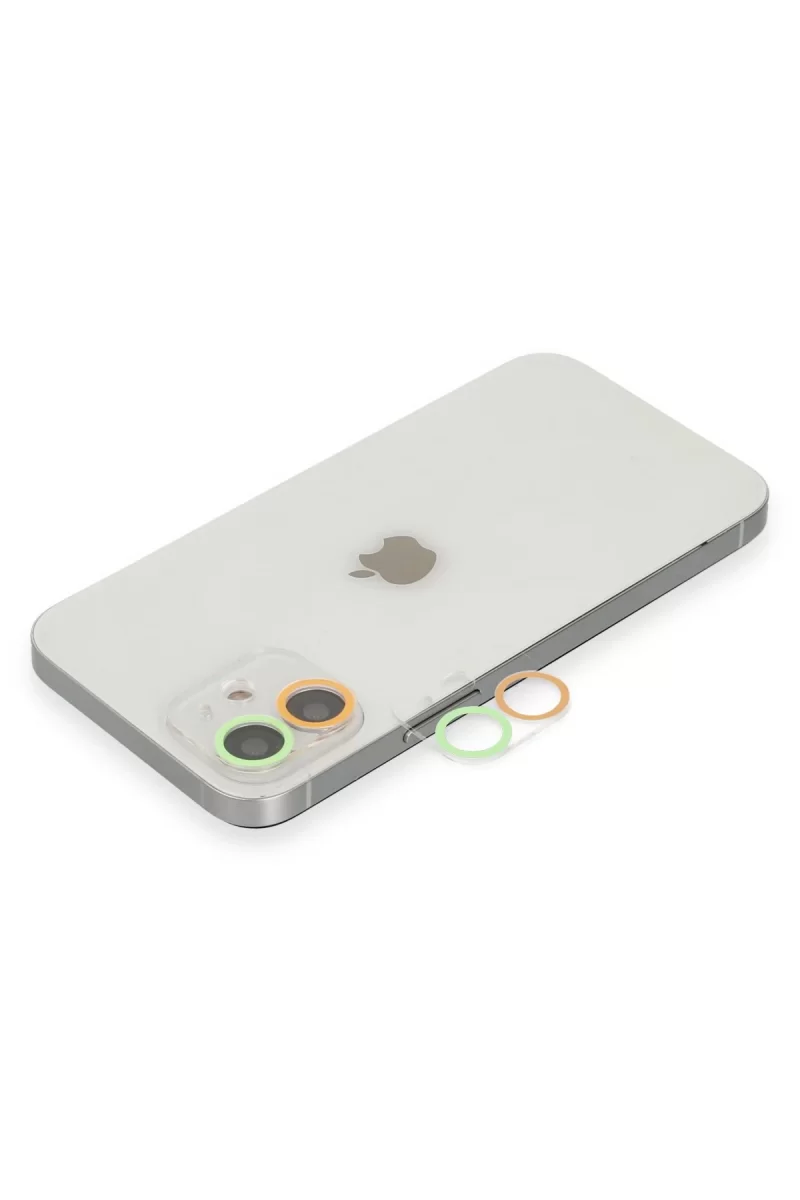 Newface Apple iPhone 12 Renkli Kamera Lens Koruma Cam - Turuncu-Yeşil