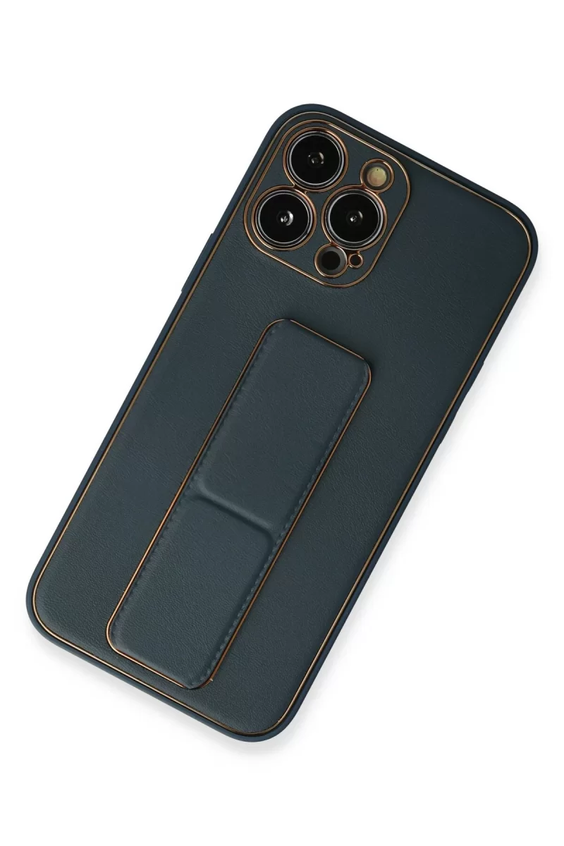 Newface Apple iPhone 13 Pro Kılıf Coco Deri Standlı Kapak - Mavi