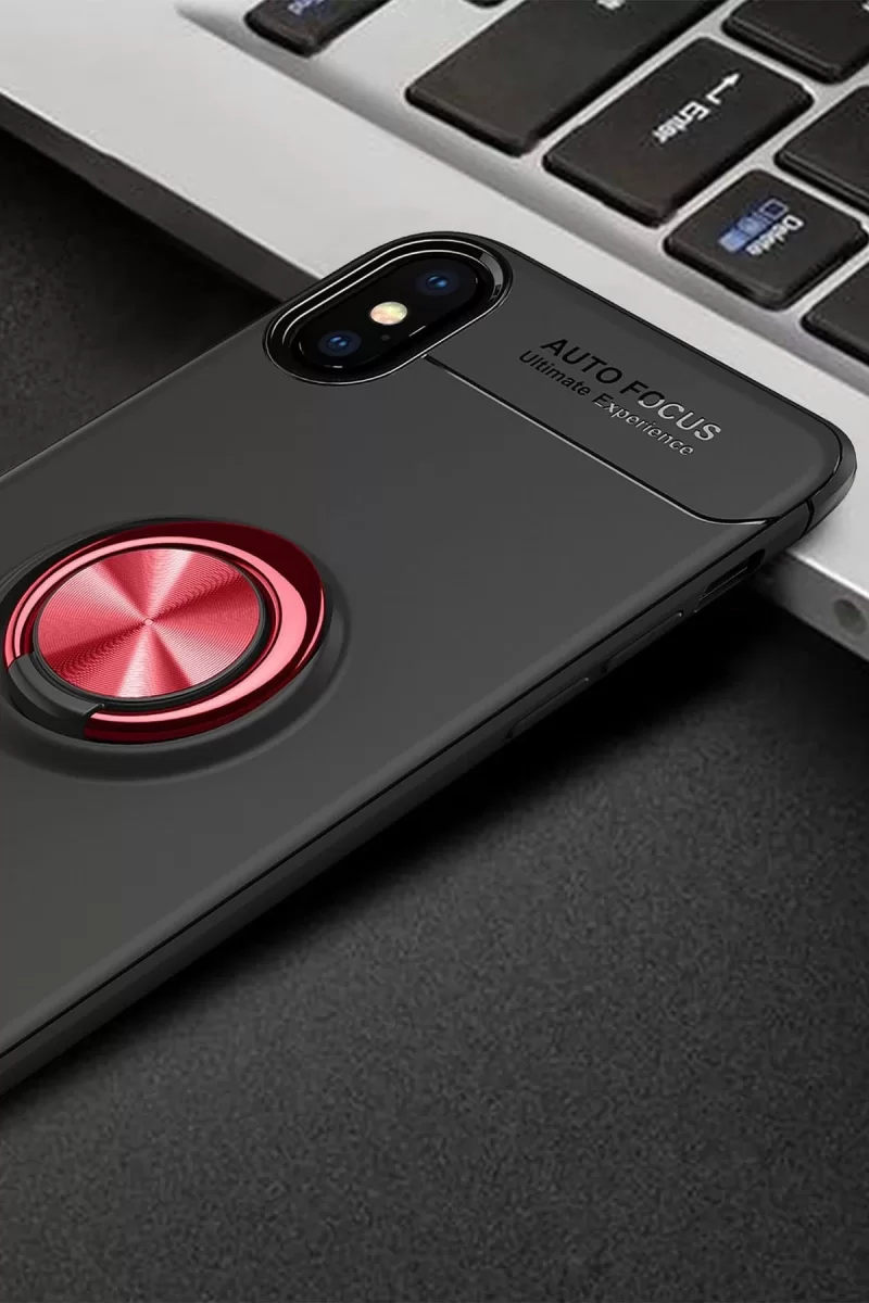 Newface Apple iPhone XS Max Kılıf Range Yüzüklü Silikon - Siyah-Kırmızı