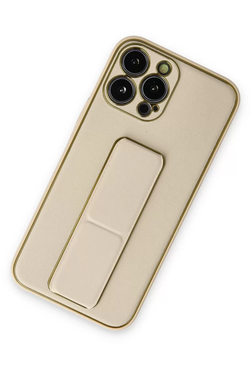 Newface Apple iPhone 13 Pro Kılıf Coco Deri Standlı Kapak - Gold