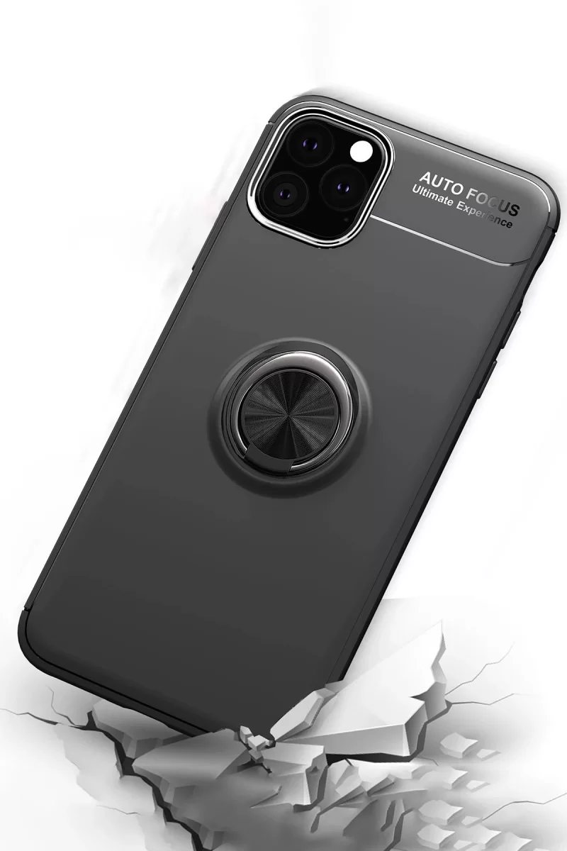 Newface Apple iPhone 11 Pro Max Kılıf Range Yüzüklü Silikon - Siyah-Mavi