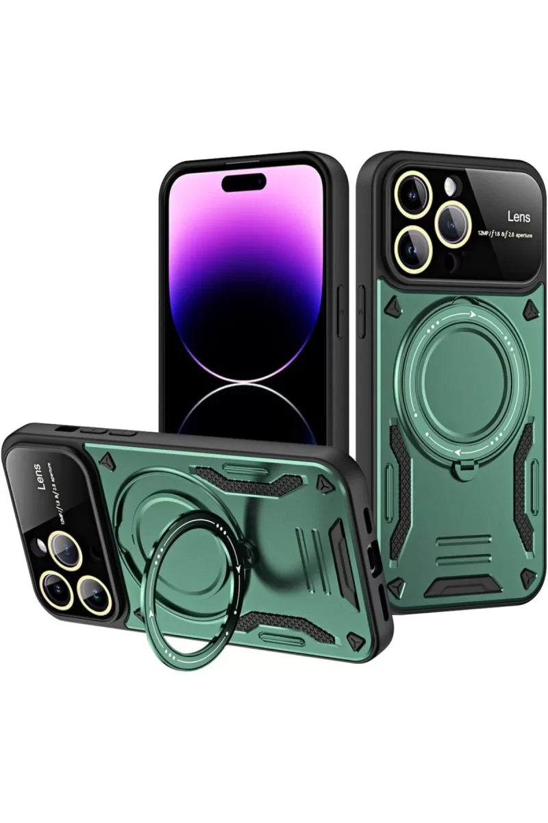 Newface Apple iPhone 16 Pro Kılıf Joy Lens Standlı Kapak - Koyu Yeşil