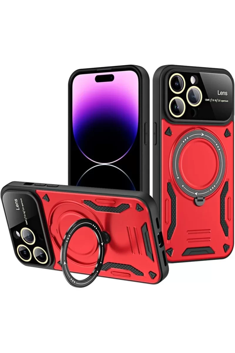 Newface Apple iPhone 16 Pro Max Kılıf Joy Lens Standlı Kapak - Kırmızı