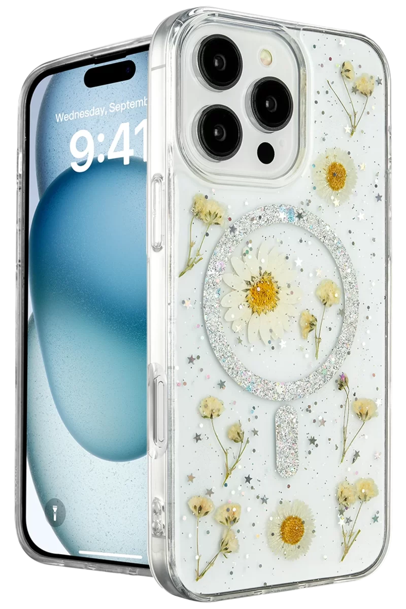 Newface Apple iPhone 16 Pro Kılıf Daisy Simli Magsafe Kapak - Gümüş