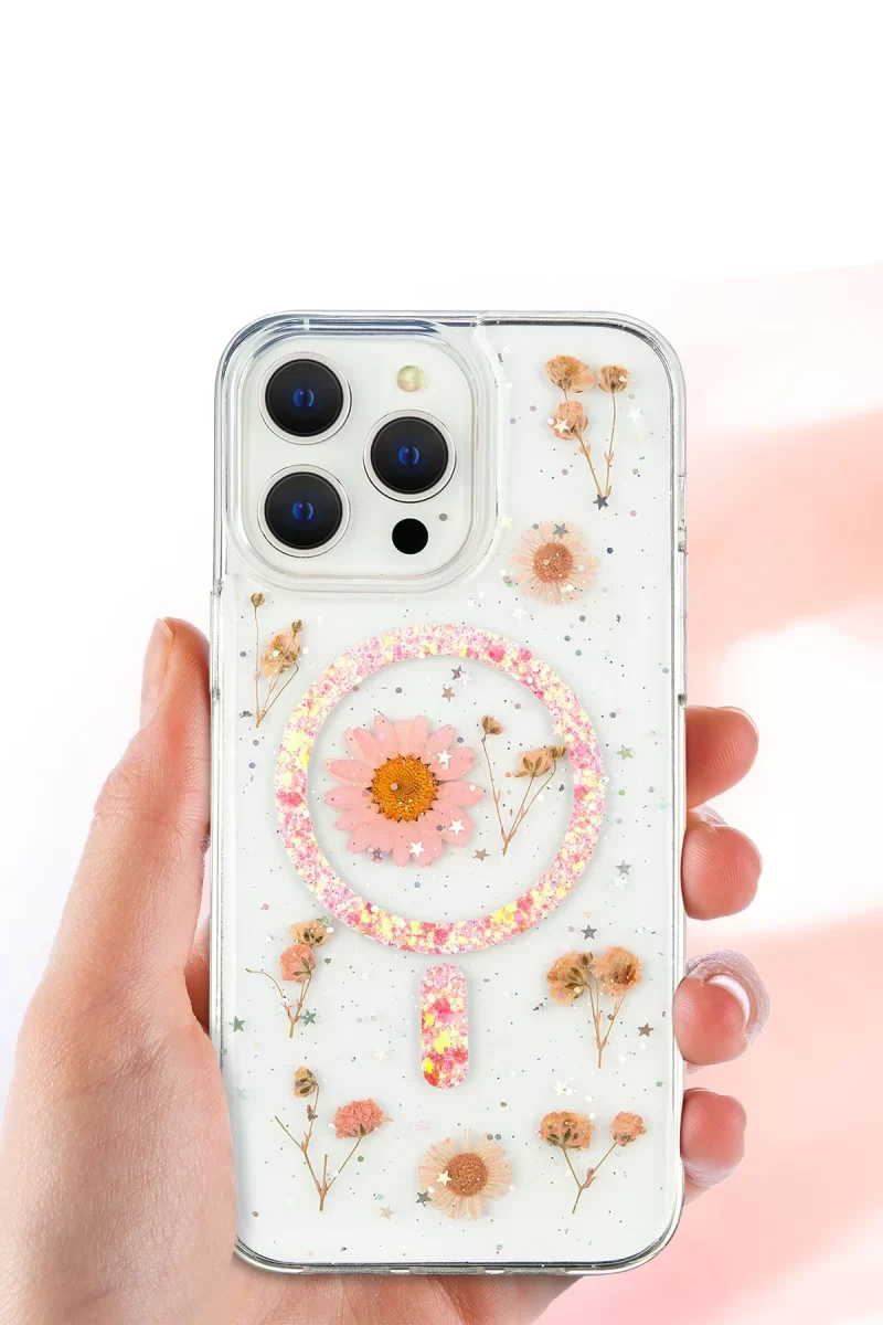 Newface Apple iPhone 16 Pro Kılıf Daisy Simli Magsafe Kapak - Gümüş