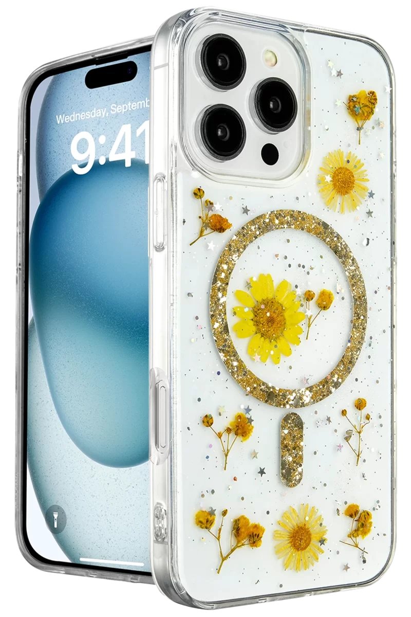 Newface Apple iPhone 16 Pro Kılıf Daisy Simli Magsafe Kapak - Gold