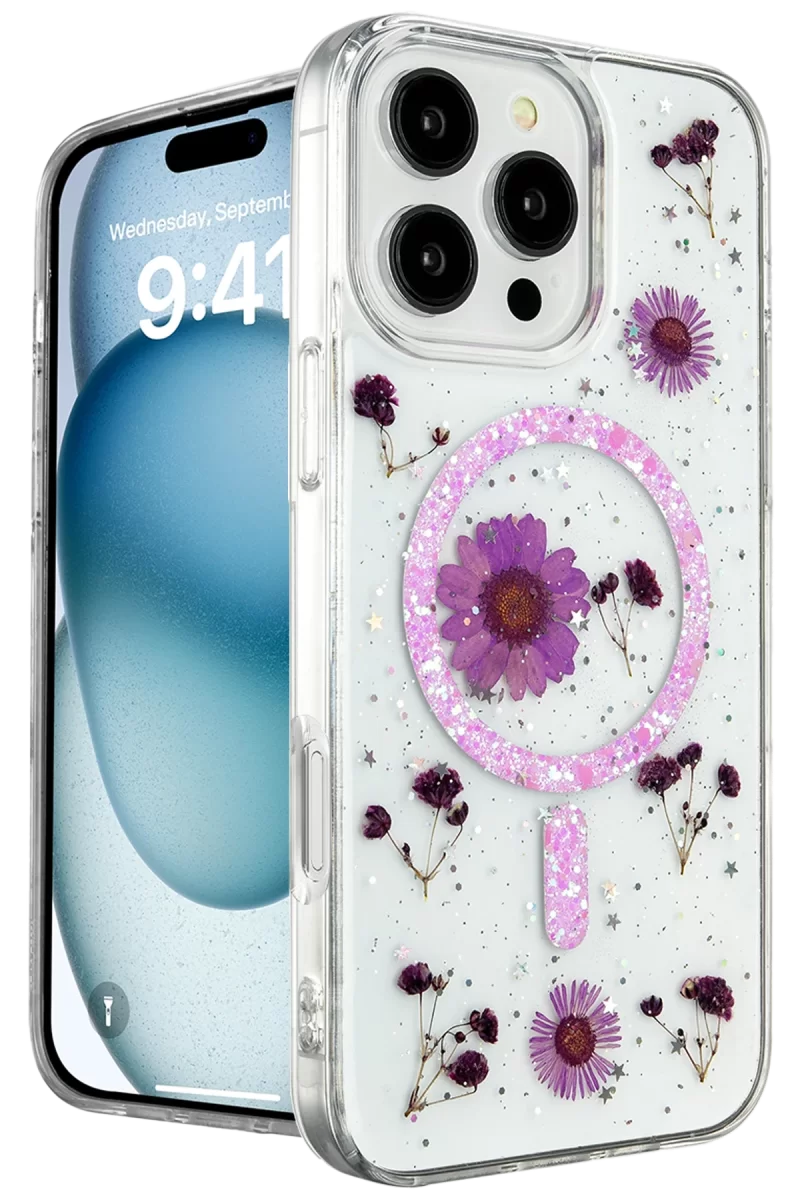 Newface Apple iPhone 16 Pro Max Kılıf Daisy Simli Magsafe Kapak - Mor