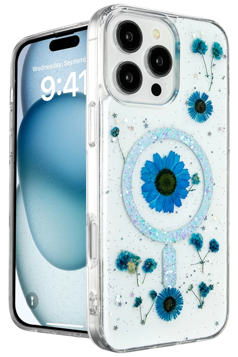Newface Apple iPhone 16 Pro Max Kılıf Daisy Simli Magsafe Kapak - Mavi