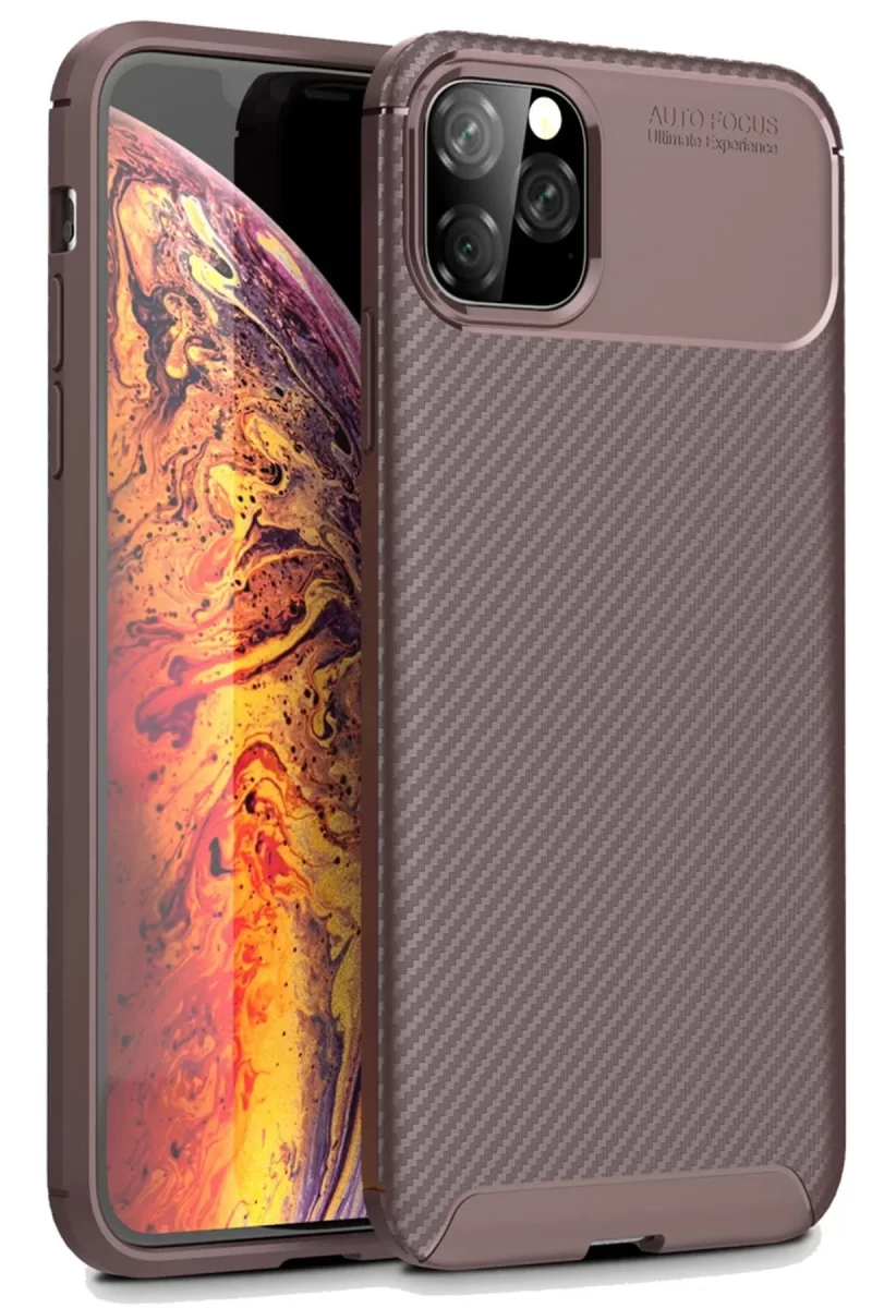 Newface Apple iPhone 11 Pro Max Kılıf Auto Focus Karbon Kapak - Kahverengi
