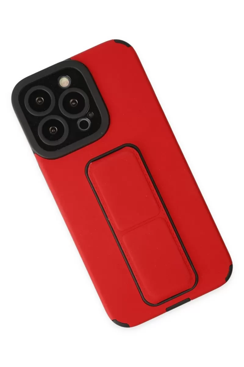 Newface Apple iPhone 13 Pro Max Kılıf Mega Standlı Silikon - Kırmızı
