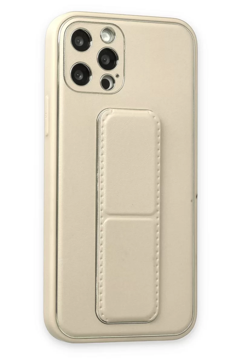 Newface Apple iPhone 12 Pro Kılıf Coco Deri Standlı Kapak - Beyaz