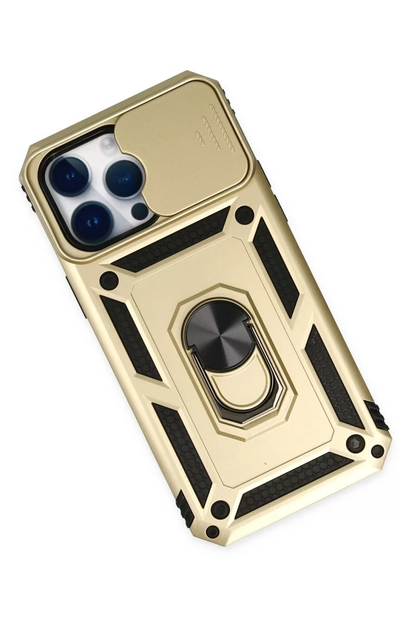 Newface Apple iPhone 14 Pro Max Kılıf Pars Lens Yüzüklü Silikon - Gold