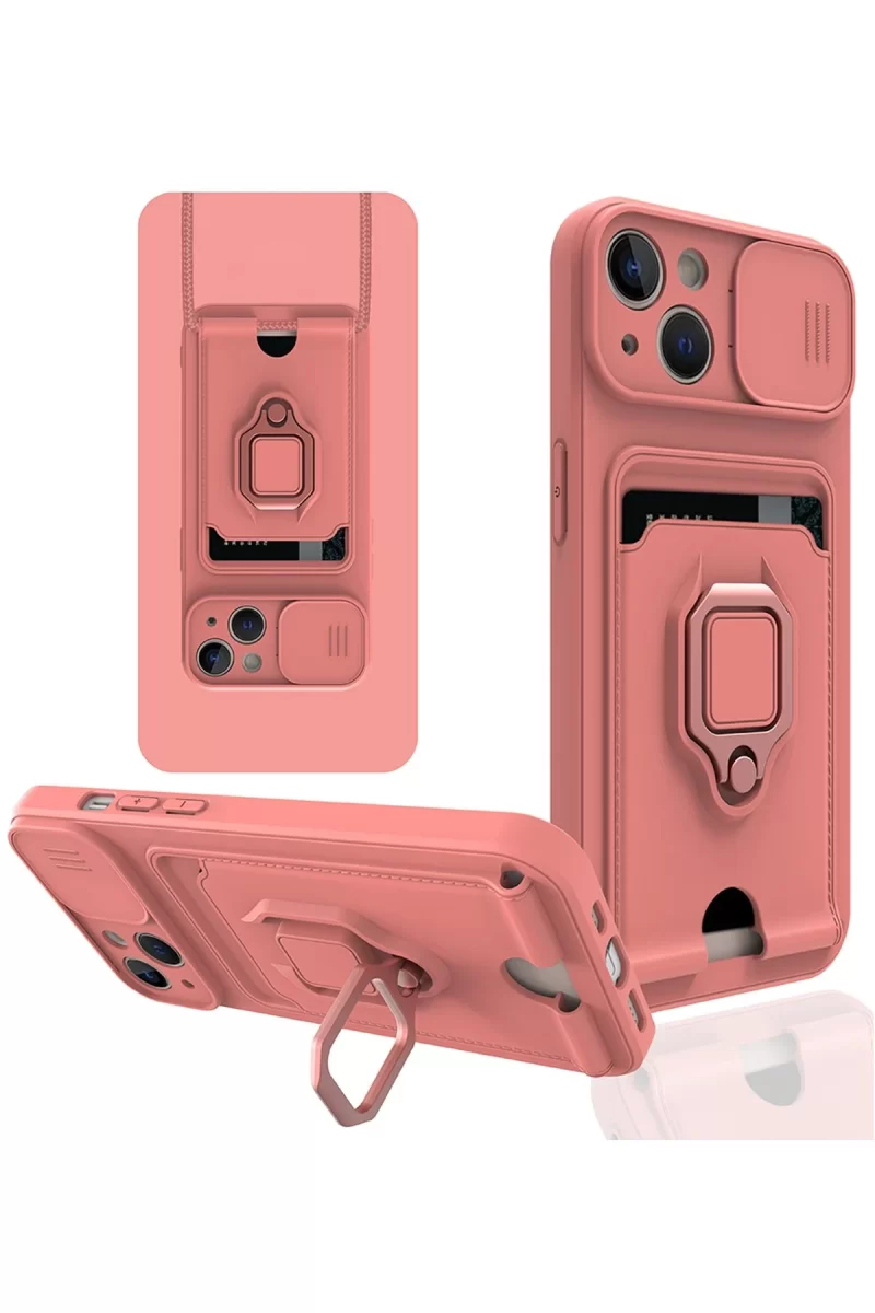 Newface Apple iPhone 14 Kılıf Zuma Kartvizitli Yüzüklü Silikon - Pembe