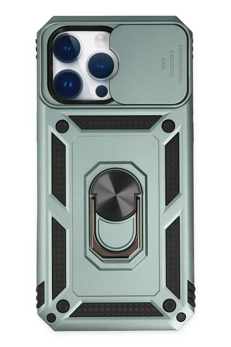 Newface Apple iPhone 14 Pro Max Kılıf Pars Lens Yüzüklü Silikon - Yeşil