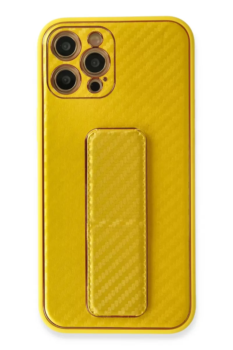 Newface Apple iPhone 12 Pro Max Kılıf Coco Karbon Standlı Kapak - Sarı