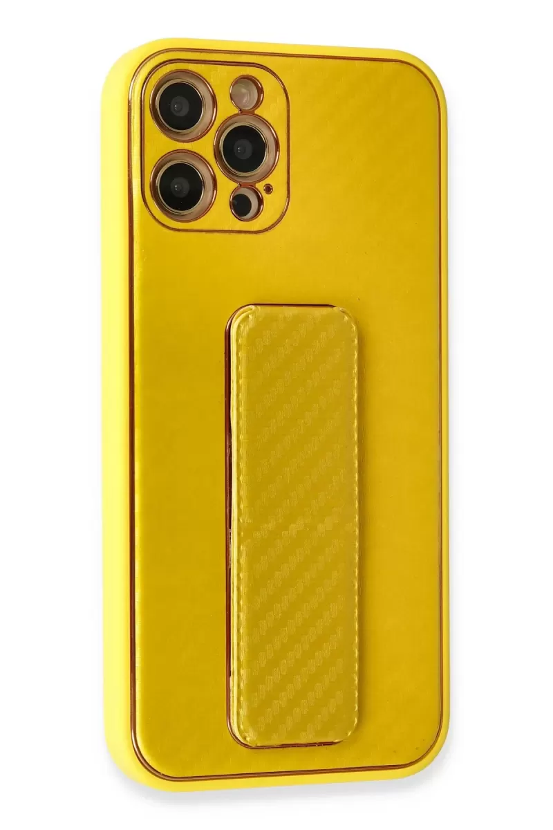 Newface Apple iPhone 12 Pro Max Kılıf Coco Karbon Standlı Kapak - Sarı