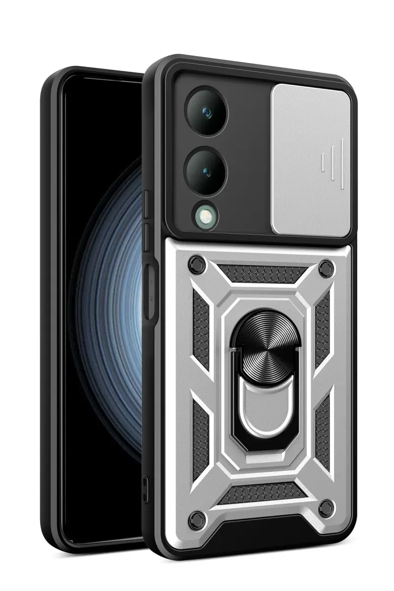 Newface Vivo Y17S Kılıf Pars Lens Yüzüklü Silikon - Gümüş