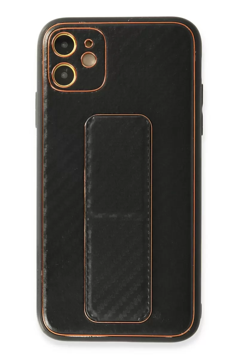 Newface Apple iPhone 12 Kılıf Coco Karbon Standlı Kapak - Siyah