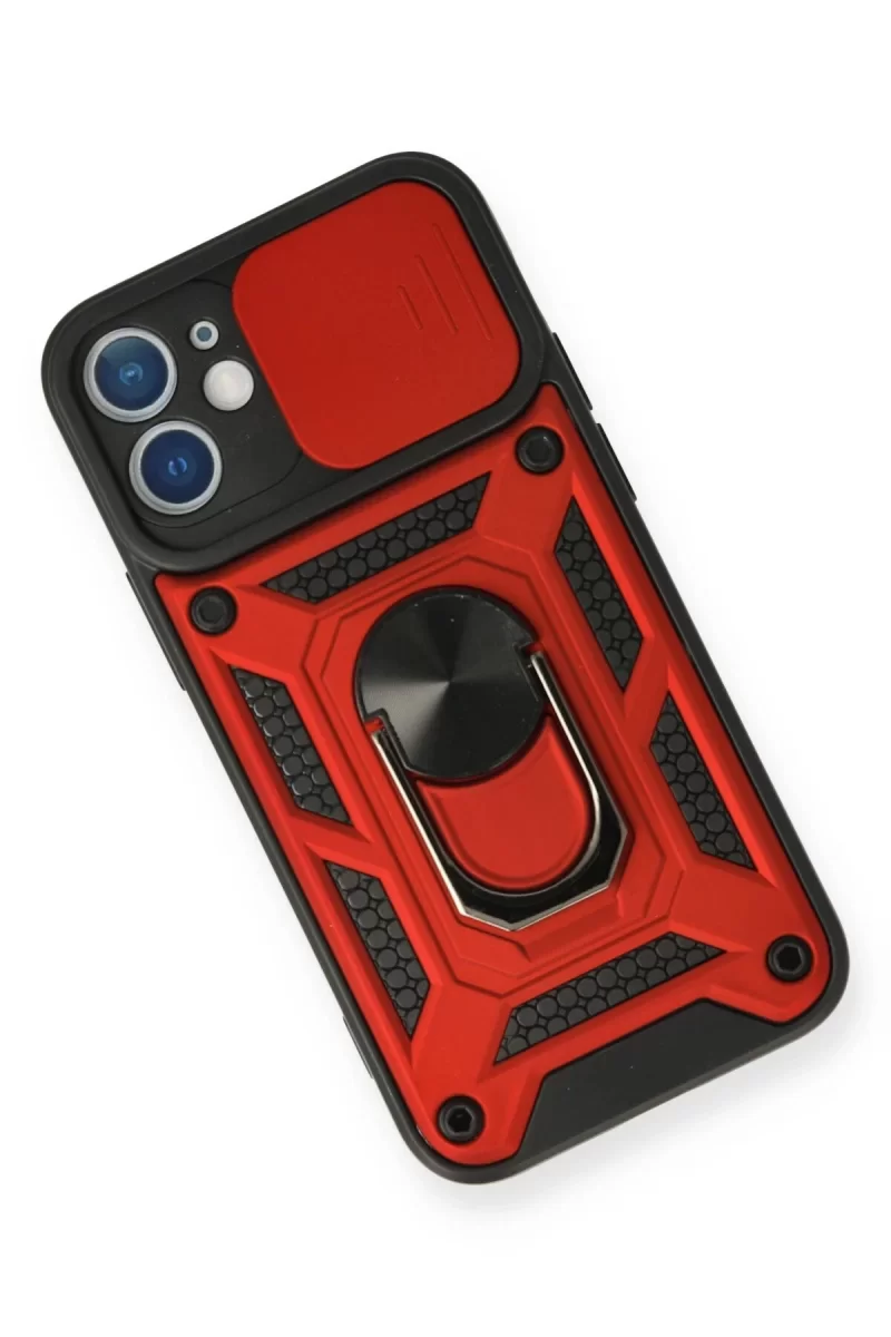 Newface Apple iPhone 12 Kılıf Pars Lens Yüzüklü Silikon - Kırmızı