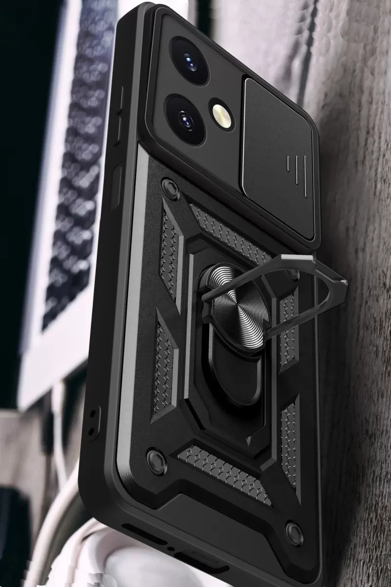 Newface Vivo Y27 Kılıf Pars Lens Yüzüklü Silikon - Siyah