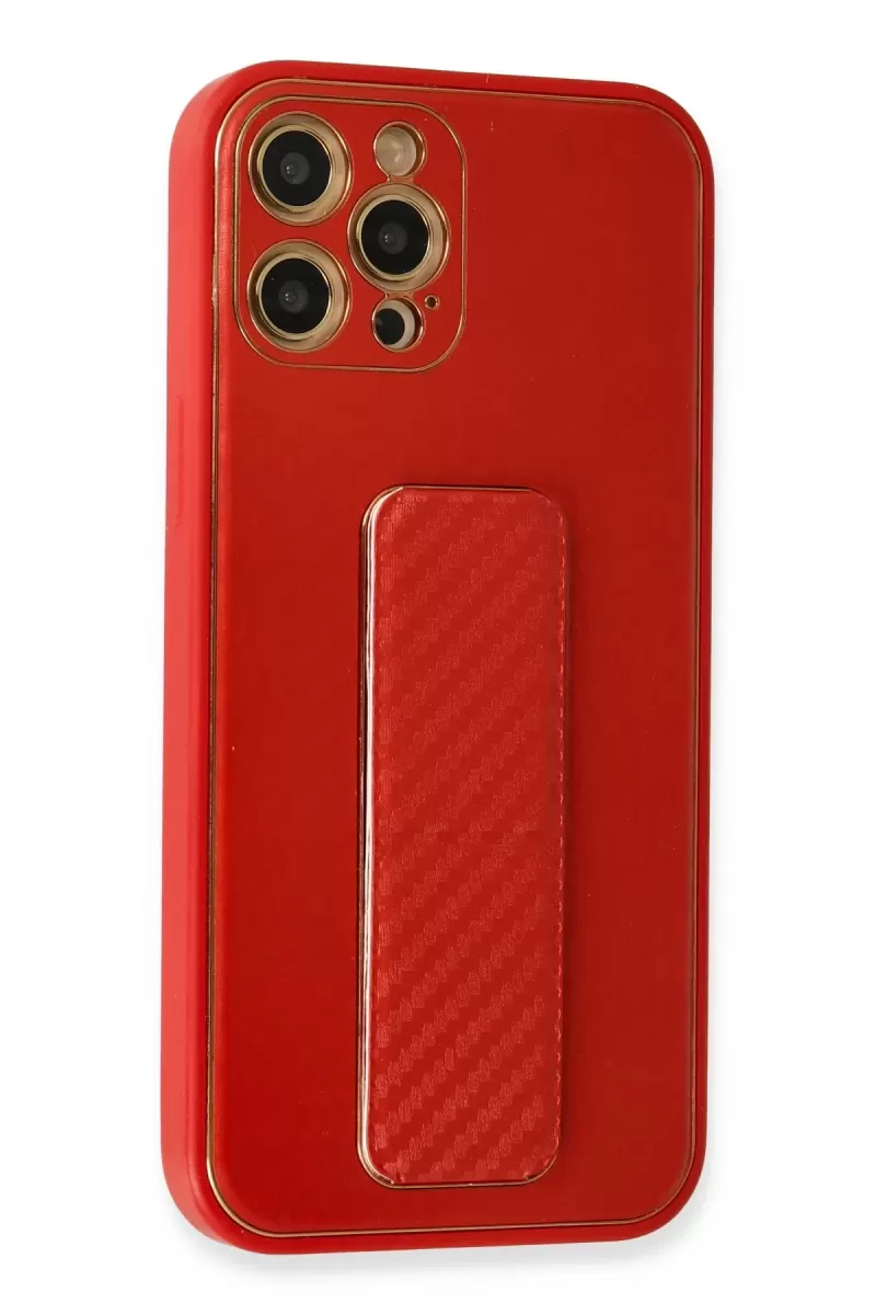 Newface Apple iPhone 12 Pro Kılıf Coco Karbon Standlı Kapak - Kırmızı