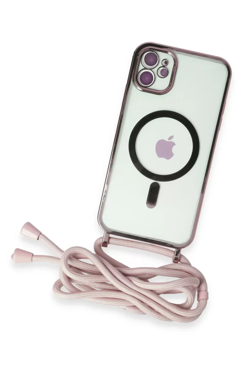 Newface Apple iPhone 11 Kılıf Divo Lazer Askılı Magsafe Kapak - Pembe