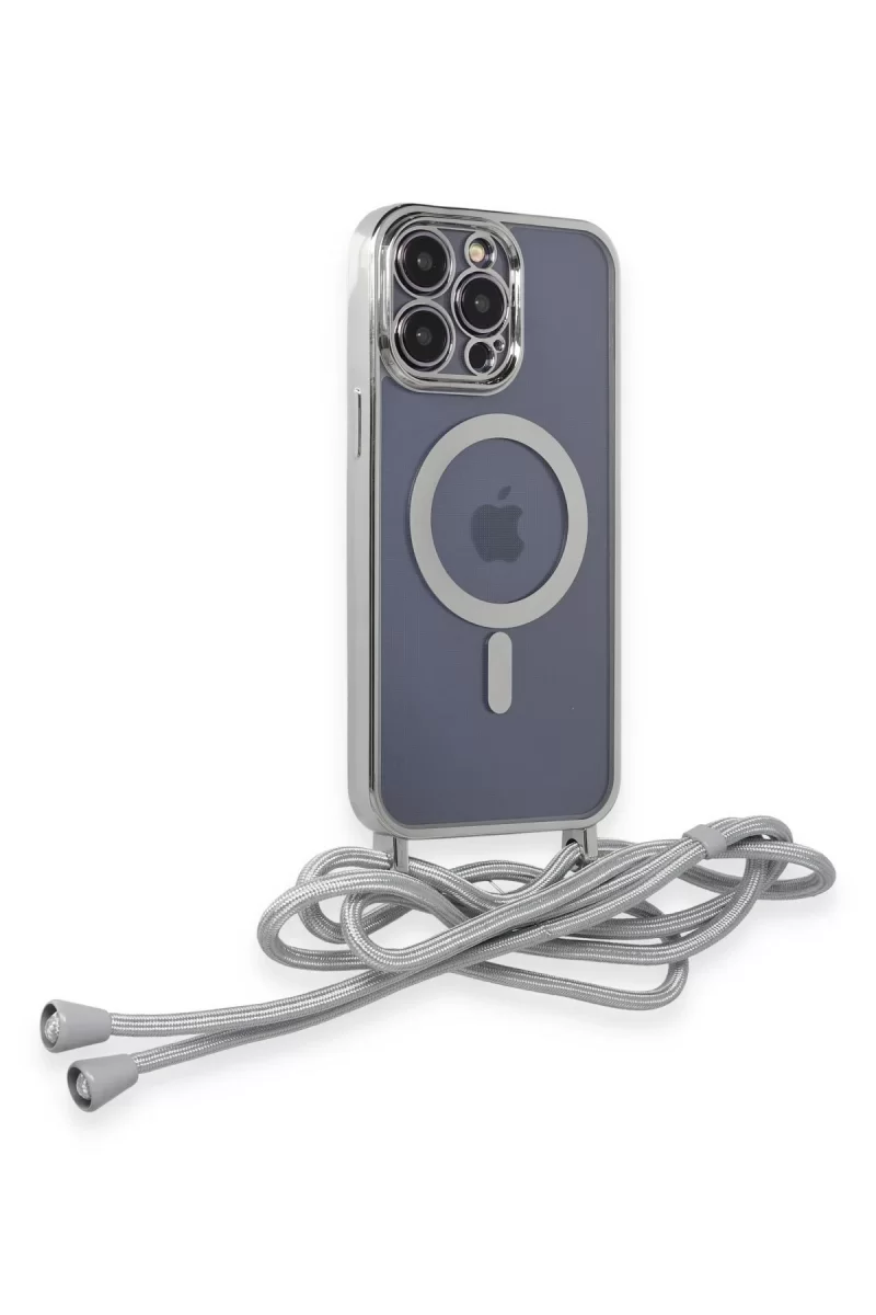 Newface Apple iPhone 12 Pro Max Kılıf Divo Lazer Askılı Magsafe Kapak - Gümüş
