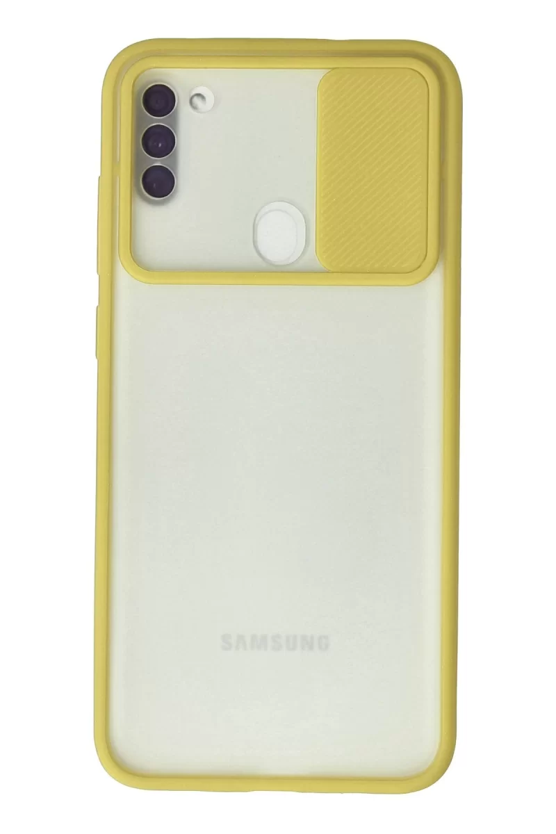 Newface Samsung Galaxy A11 Kılıf Palm Buzlu Kamera Sürgülü Silikon - Sarı