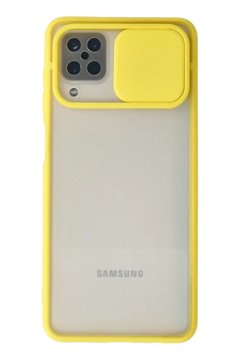Newface Samsung Galaxy A12 Kılıf Palm Buzlu Kamera Sürgülü Silikon - Sarı