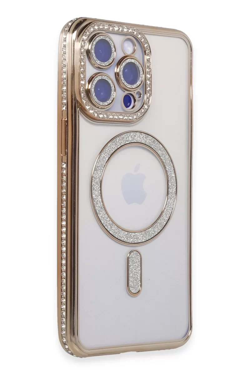 Newface Apple iPhone 14 Pro Kılıf Joke Simli Magneticsafe Kılıf - Gold