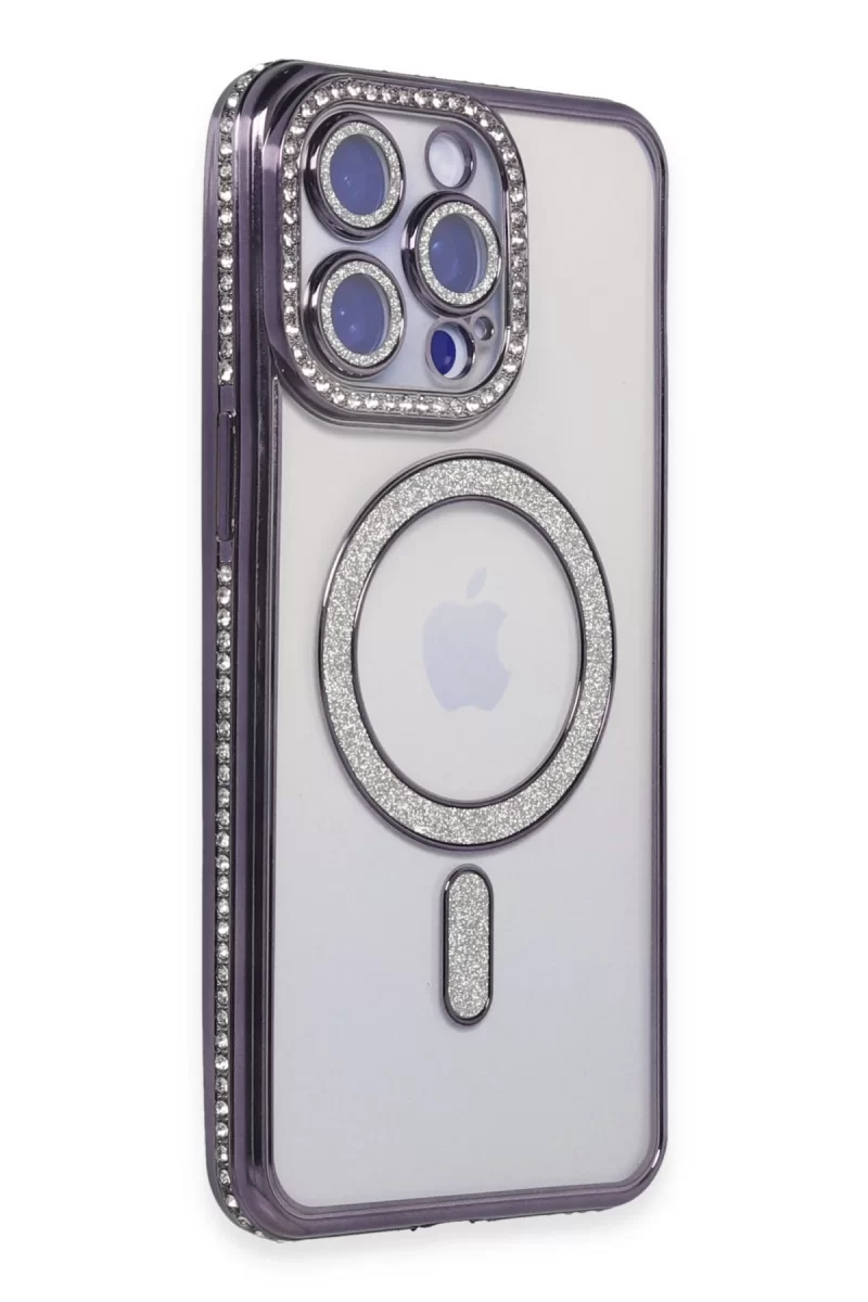 Newface Apple iPhone 14 Pro Kılıf Joke Simli Magneticsafe Kılıf - Derin Mor