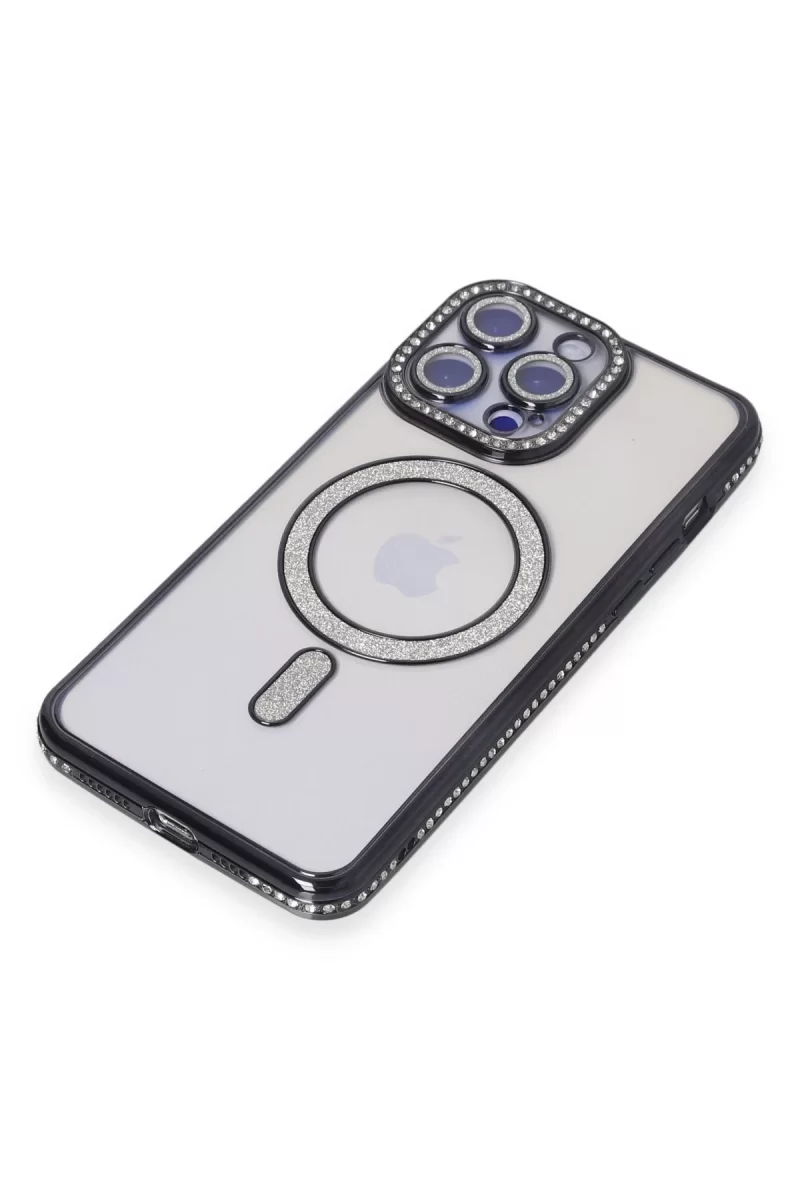 Newface Apple iPhone 14 Pro Max Kılıf Joke Simli Magneticsafe Kılıf - Siyah
