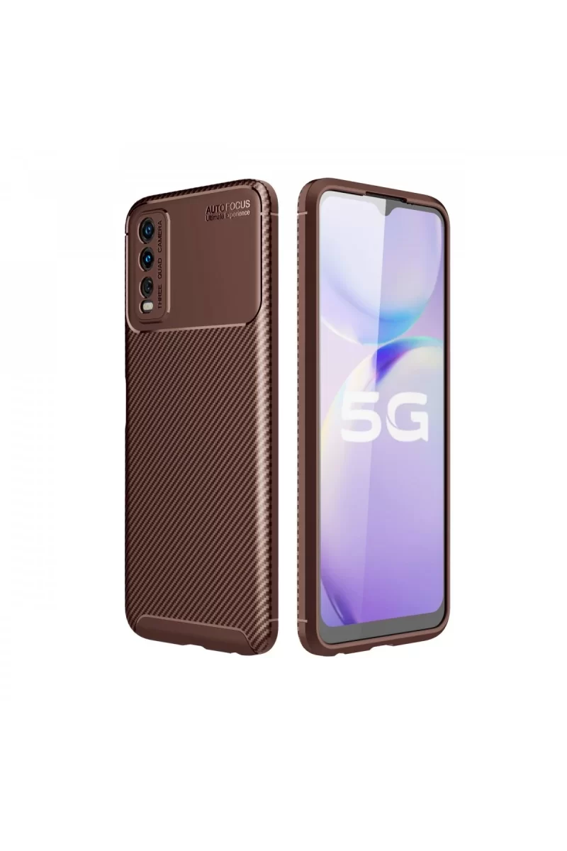 Newface Vivo Y11S Kılıf Auto Focus Karbon Kapak - Kahverengi