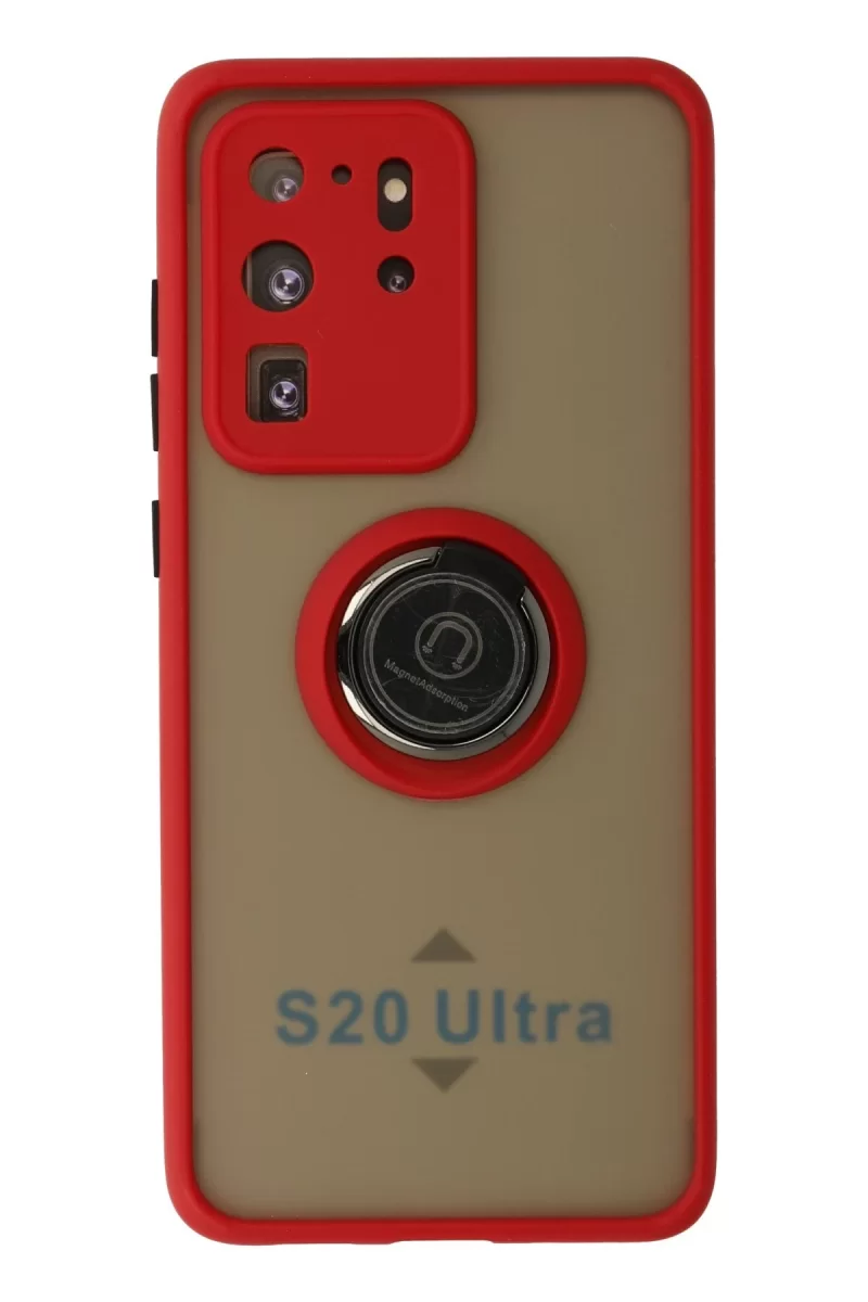 Newface Samsung Galaxy S20 Ultra Kılıf Montreal Yüzüklü Silikon Kapak - Kırmızı
