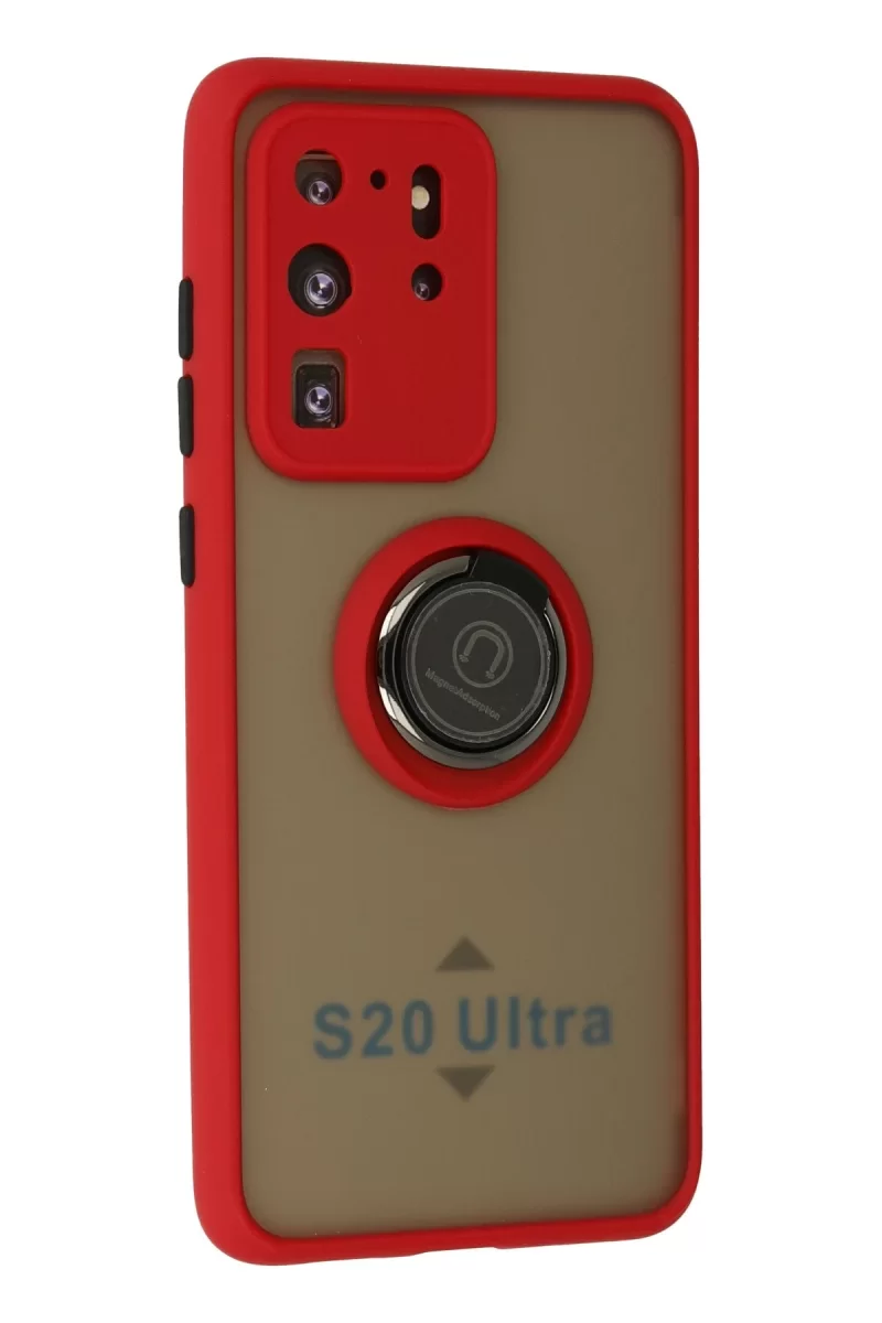 Newface Samsung Galaxy S20 Ultra Kılıf Montreal Yüzüklü Silikon Kapak - Kırmızı