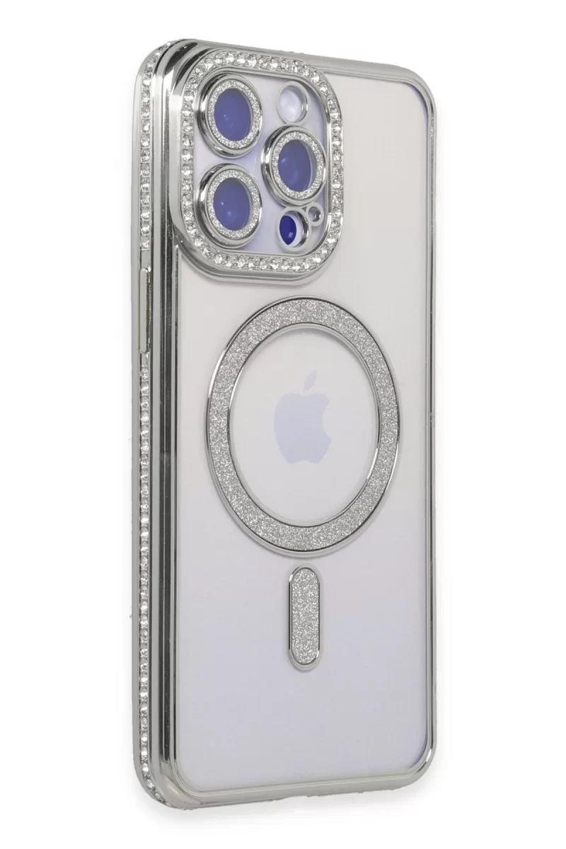 Newface Apple iPhone 14 Pro Max Kılıf Joke Simli Magneticsafe Kılıf - Gümüş
