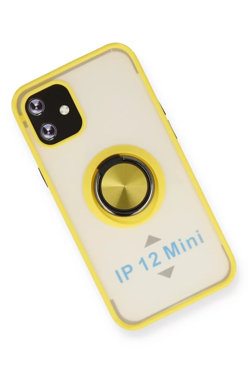 Newface Apple iPhone 12 Kılıf Montreal Yüzüklü Silikon Kapak - Sarı