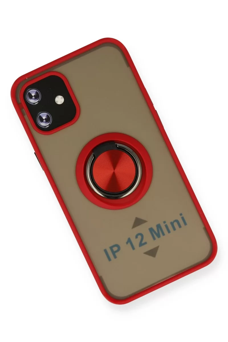 Newface Apple iPhone 12 Mini Kılıf Montreal Yüzüklü Silikon Kapak - Kırmızı