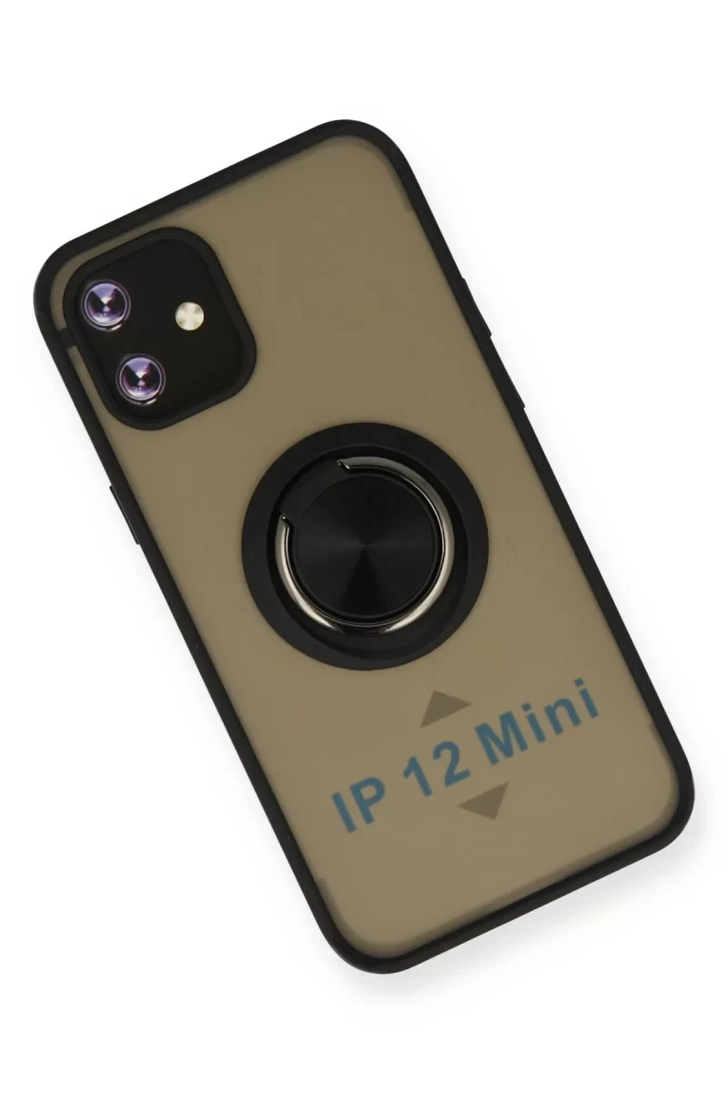 Newface Apple iPhone 12 Mini Kılıf Montreal Yüzüklü Silikon Kapak - Siyah
