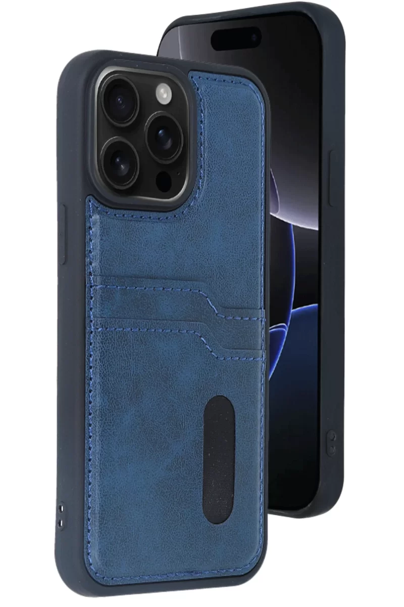 Newface Apple iPhone 15 Pro Max Kılıf Sara Kartvizitli Deri Kılıf - Lacivert
