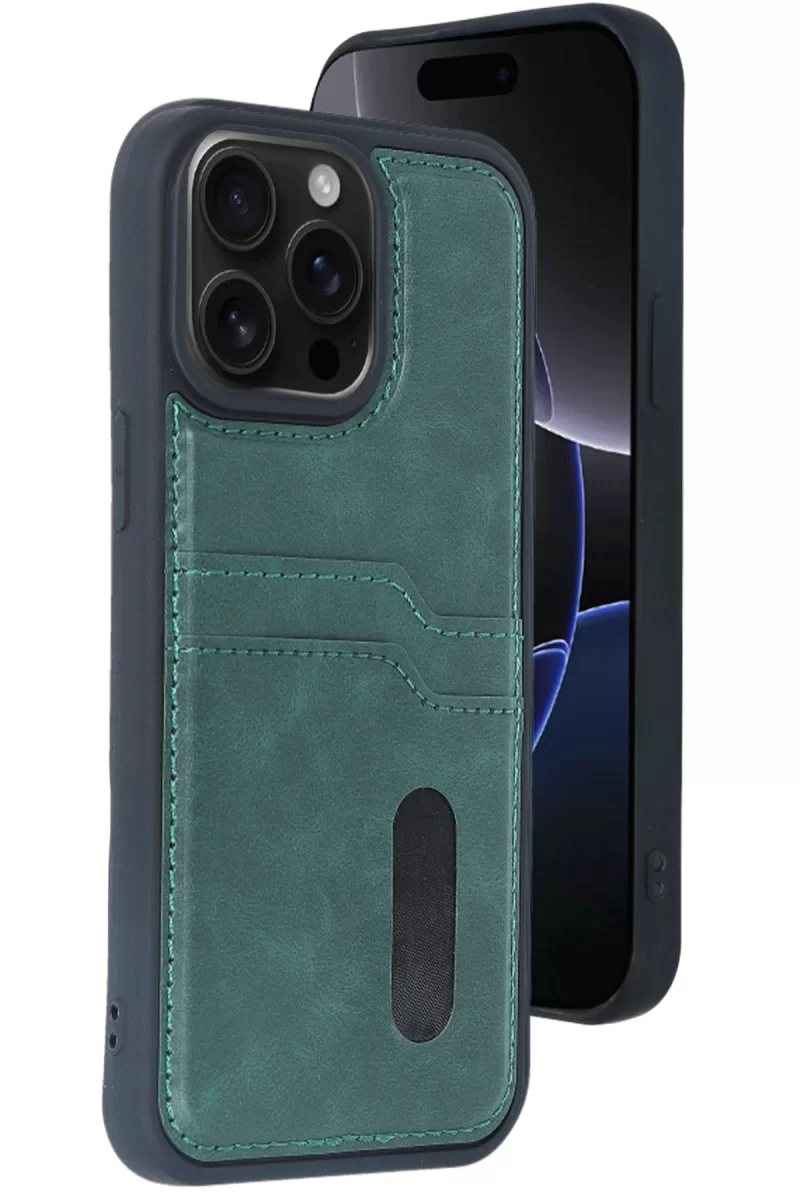 Newface Apple iPhone 15 Pro Max Kılıf Sara Kartvizitli Deri Kılıf - Koyu Yeşil